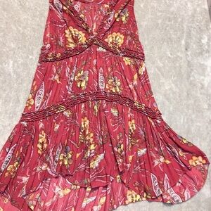 FREE PEOPLE S Purple Haze Printed Tunic Top Boho Floral Hummingbird Tiered Red